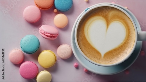 Cup of cappuccino with heart shape and macaroons. Coffee concept with a copy space.