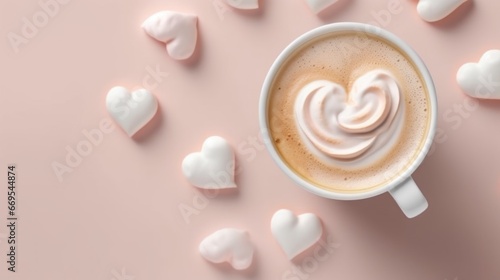 Cup of cappuccino with heart shaped marshmallow on pink background. Coffee concept with a copy space.
