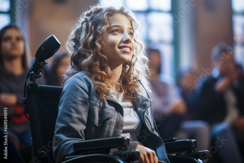 A teenage girl in a wheelchair listens to lectures by a teacher in a large auditorium of the university.