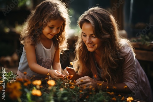 Mother with her daughter planting in the garden.
