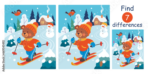 Cute teddy bear goes skiing in the snowy winter forest. Find differences, education game for children. Flat vector illustration.