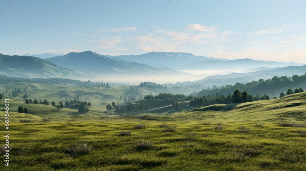 A sweeping vista of rolling hills and valleys stretches out before you The grassy fields are dotted with wildflowers, and the distant mountains are shrouded in mist