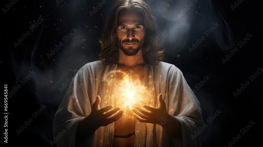 Jesus is holding his glowing heart