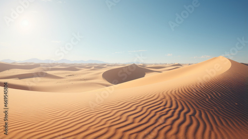A sun-drenched desert  with sand dunes stretching to the horizon