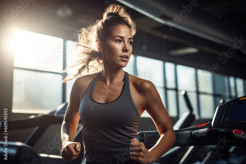 Portrait of beautiful woman working out at gym, running on treadmill and doing fitness exercises. healthy concept sunset light