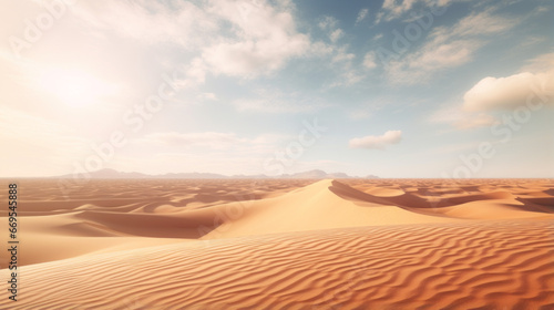 A sun-drenched desert  with sand dunes stretching to the horizon