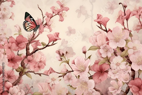 An enchanting wallpaper with beautiful pink peach blossoms and graceful butterflies. Generative AI