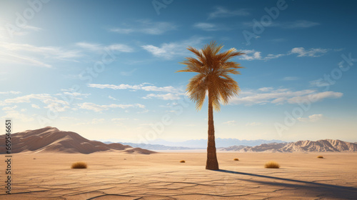 A sun-baked desert vista with a single  lonely palm tree in the foreground