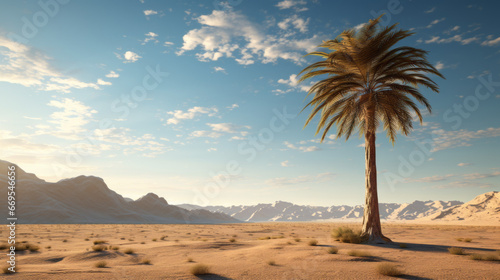 A sun-baked desert vista with a single  lonely palm tree in the foreground