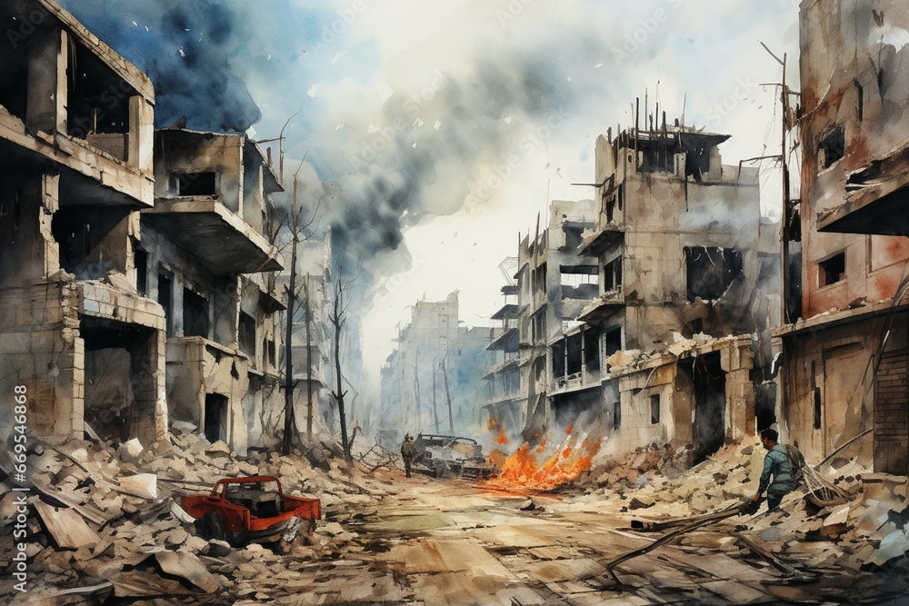 Watercolor cityscape exhibiting devastation caused by conflict. Generative AI