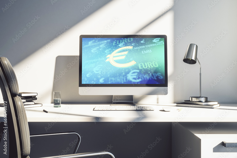 Creative EURO symbols illustration on modern computer monitor, forex and currency concept. 3D Rendering Creative EURO symbols illustration on modern computer monitor, forex and currency concept. 3D Rendering