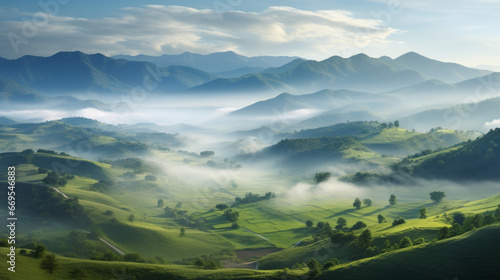 A stunning view of a lush  green valley blanketed with fog  with a few rolling hills in the distance