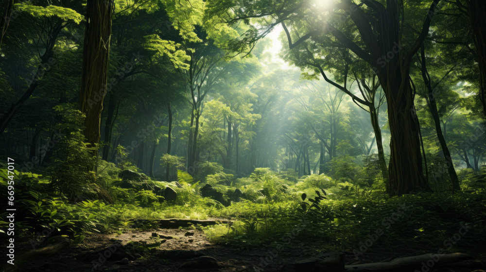 A stunning view of a lush, green forest, with a few rays of sunlight shining through the trees and a few birds flying in the sky A stunning view of a lush, green forest, with a few rays of sunlight shining through the trees and a few birds flying in the sky