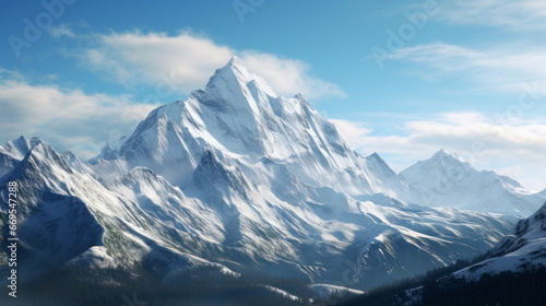 A stunning view of a towering mountain  with a few snow-capped peaks in the background