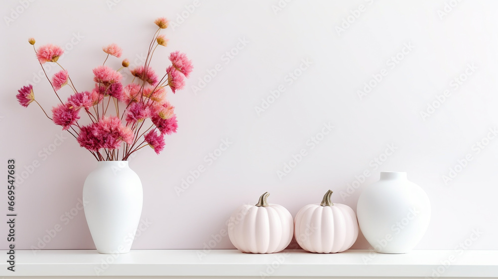 Autumn style background banner with copy space, white background with table with pumpkins leaves and flowers