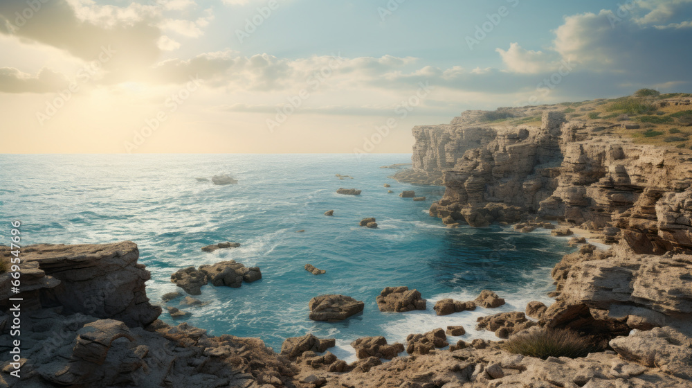 A stunning view of a rocky cliff, overlooking a vast expanse of ocean, with a few fishing boats in the distance