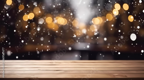 Empty wooden table top with blurred bokeh snow background.Winter product display background.AI Generative. photo