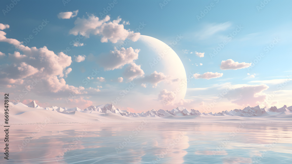 Fototapeta premium Fantasy pink landscape planet with snowy mountains and sunset. 3D illustration.