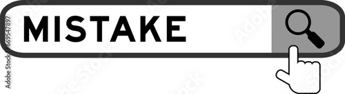 Search banner in word mistake with hand over magnifier icon on white background