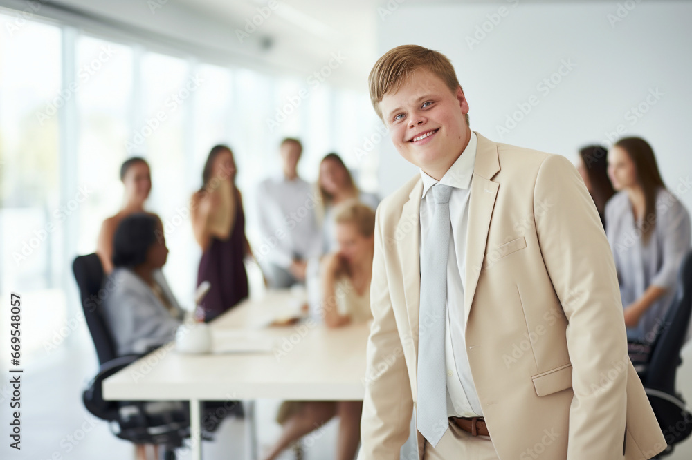 Special needs professional, a businessman with Down syndrome in a corporate setting Special needs professional, a businessman with Down syndrome in a corporate setting