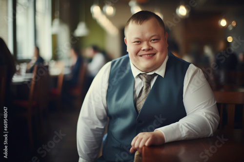 Businessman with Down syndrome in a cafe, a professional enjoying a coffee break