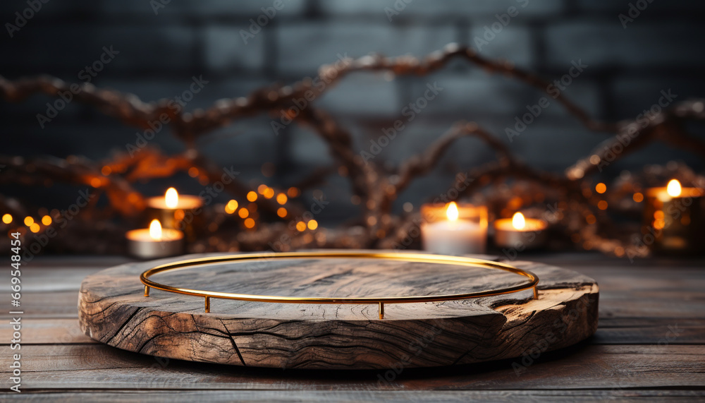 Round luxury wooden plate for a buffet or product display in the style of vibrant stage backdrop