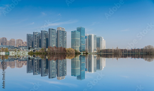 A modern city by the lake