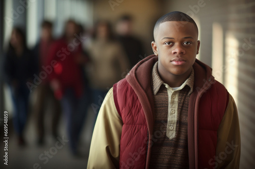 Special education, an African American teenager with Down syndrome studying