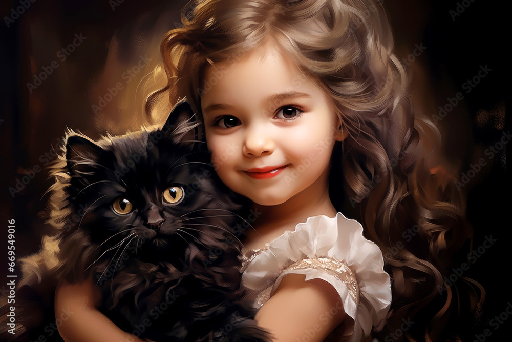 Beautiful little girl and black cat. Smiling cchild with pet Beautiful little girl and black cat. Smiling cchild with pet