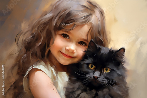 Beautiful little girl and black cat. Smiling cchild with pet photo