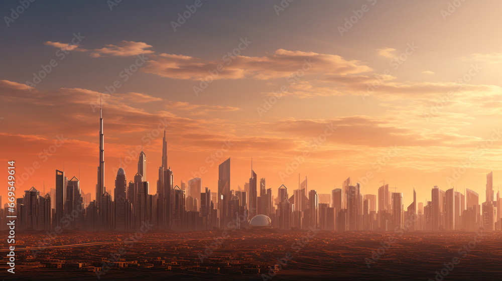 A sprawling city skyline is seen in the distance, with buildings of various sizes and shapes rising high in the sky The sun is setting, casting a warm orange-pink hue over the cityscape