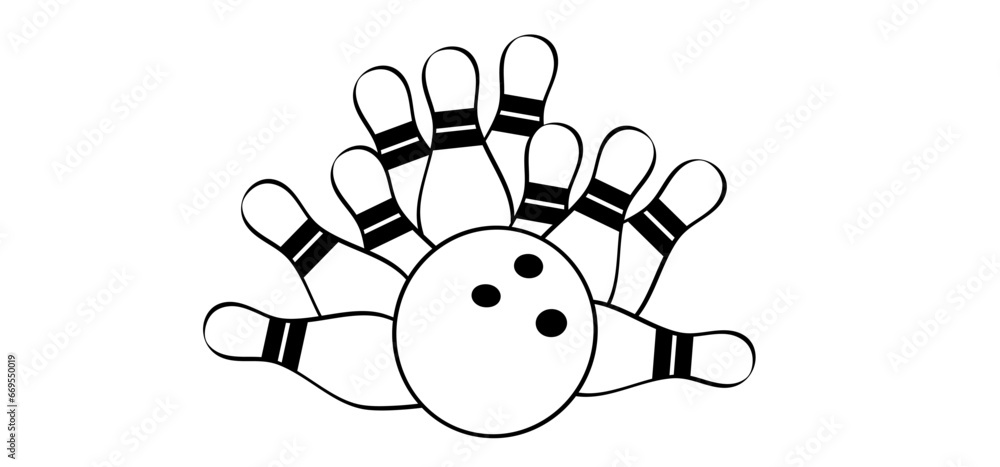 Fototapeta premium Cartoon bowling pin with stripes and bowling ball. Bowling strike idea. Sport or hobby game. Playing in a team, competition or tournament. Bowling pins and skittles. Play kegling team.
