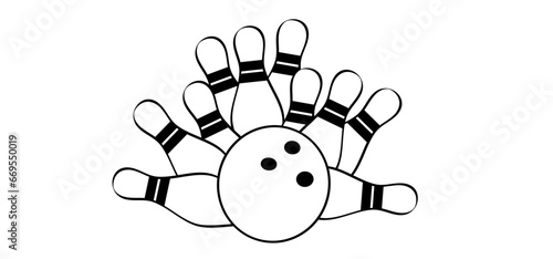 Cartoon bowling pin with stripes and bowling ball. Bowling strike idea. Sport or hobby game. Playing in a team, competition or tournament. Bowling pins and skittles. Play kegling team.