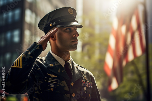 African american army soldier saluting in front of USA flag, patriotism concept photo