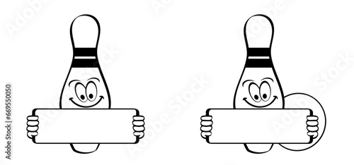 Cartoon bowling pin with stripes and bowling ball. Bowling strike idea. Sport or hobby game. Playing in a team, competition or tournament. Bowling pins and skittles. Play kegling team.
