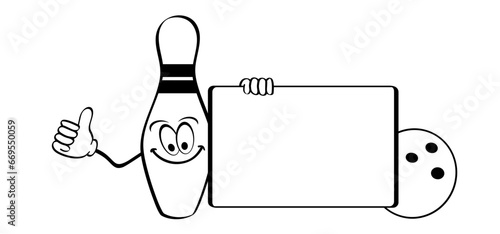 Cartoon bowling pin with stripes and bowling ball. Bowling strike idea. Sport or hobby game. Playing in a team, competition or tournament. Bowling pins and skittles. Play kegling team.