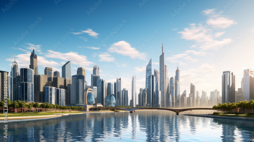 A sprawling cityscape looms in the distance, its towering buildings reaching up towards the sky A winding river cuts through the center of the city, reflecting the bright sunlight above