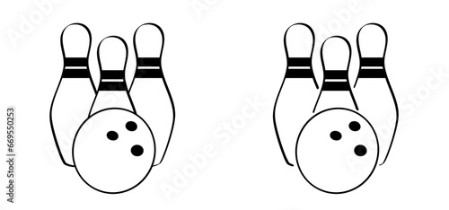 Cartoon bowling pin with stripes and bowling ball. Bowling strike idea. Sport or hobby game. Playing in a team, competition or tournament. Bowling pins and skittles. Play kegling team.