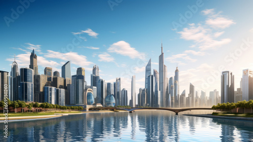 A sprawling cityscape looms in the distance  its towering buildings reaching up towards the sky A winding river cuts through the center of the city  reflecting the bright sunlight above