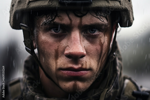 Close up portrait of male soldier during a battle in war time. © Artofinnovation