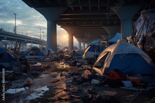 Poor and helpless homeless people sleeping in tent camps in busy city street  photo