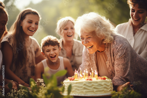 A senior is happily enjoying birthday with friends