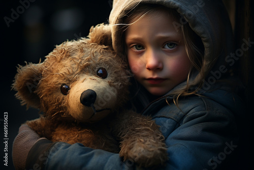 Portrait of sad homeless child on the city streets holding teddy bear photo