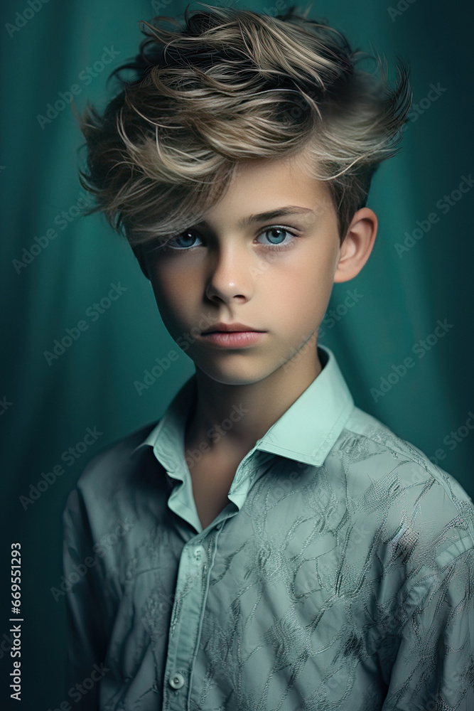 Handsome boy fashion portrait in blue tones