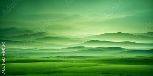Green landscape wallpaper, with hills and mountains, with more textual space. photo
