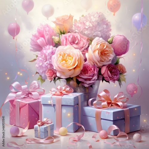 Colorful birthday, valentine's day wallpaper with roses, balloons and gifts.