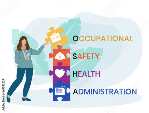 Vector website design template . OSHA - Occupational Safety and Health Administration. acronym medical concept. illustration for website banner, marketing materials, business presentation