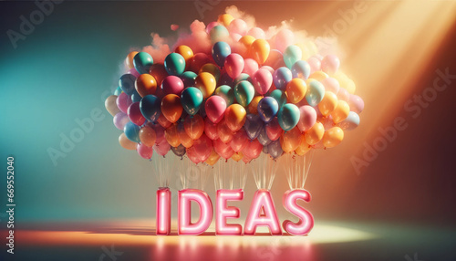 A cluster of helium balloons connected to the word Ideas. Floating an idea. Brainstorming and ideation. Coming up with ideas. 
