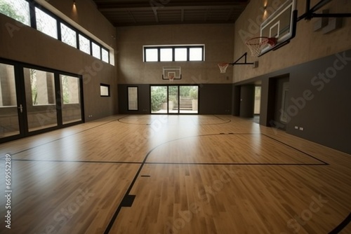 Indoor basketball court with wooden floor. Generative AI
