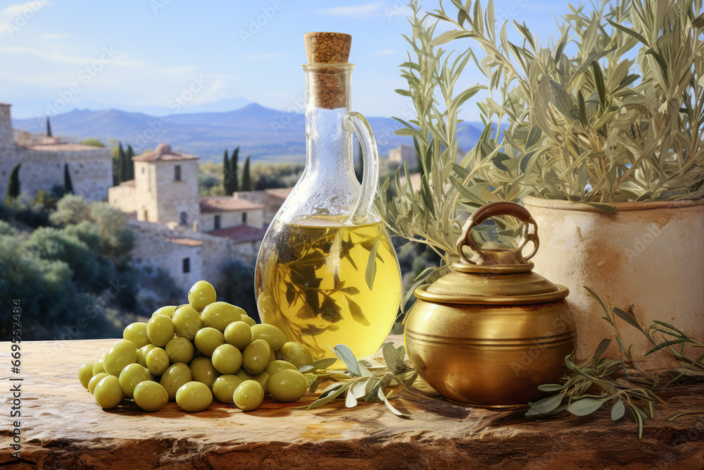 Olive oil in a bottle with olives on the table in a rustic style. The concept of the Mediterranean diet.
Olive oil in a bottle with olives on the table in a rustic style. The concept of the Mediterranean diet.